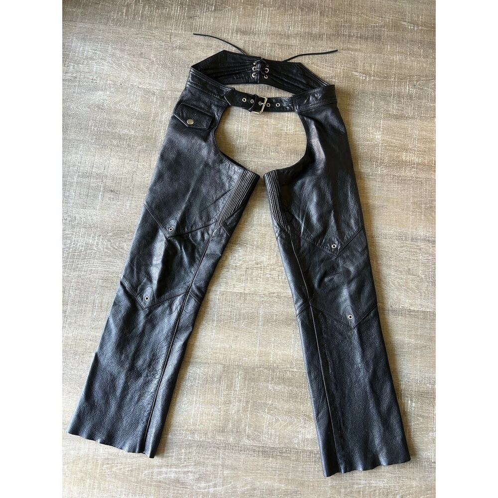 Wilsons Leather Black Motorcycle Chaps Womens M Rear Lace Waist Snap Zip - Picture 7 of 16